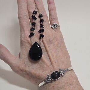 Glass Bead and Onyx Necklace 18" Acrylic Cuff Bracelet Size 4.25 Ring 3 Pieces